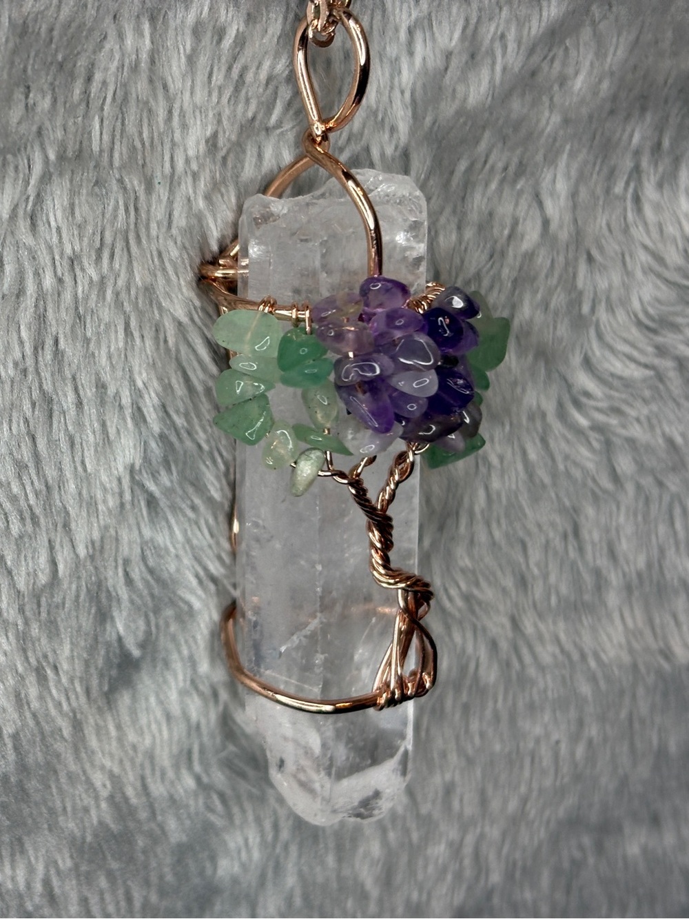 Rose Gold Wire-Wrapped Crystal Tree Pendant Necklace in Purple and Green - Picture 2 of 7